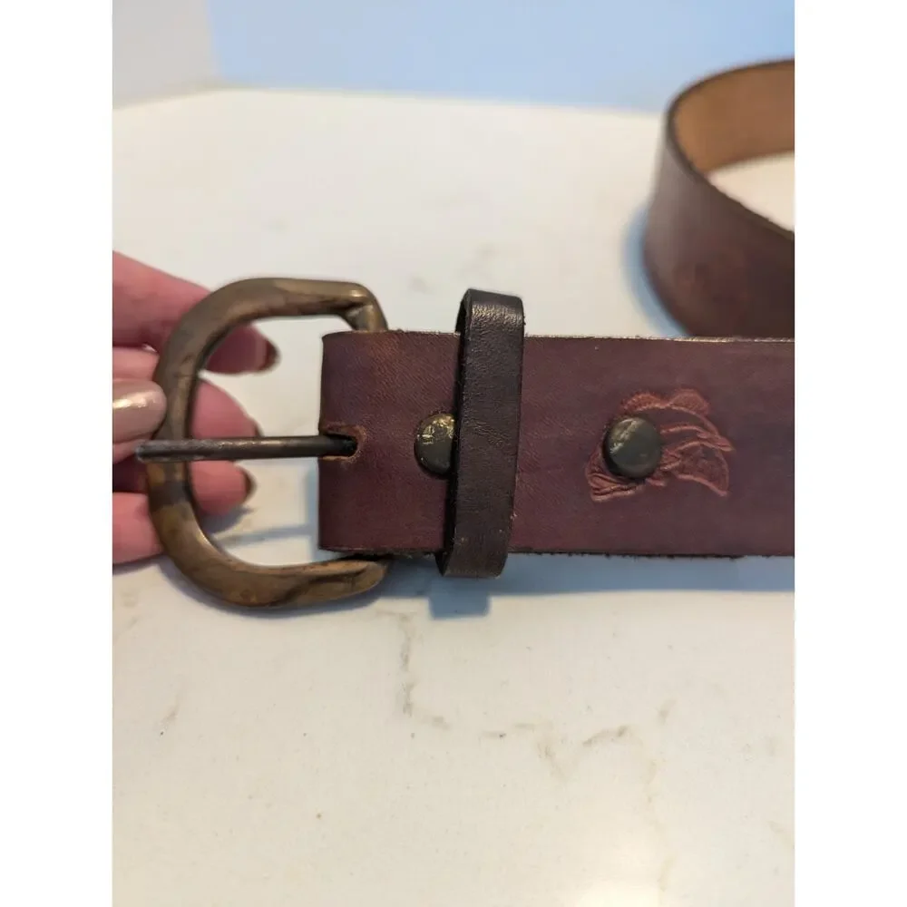 Men's Brown Leather Belt 36 Solid Brass Buckle Fish Embossed